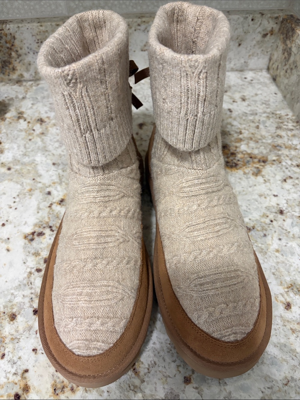 UGG Beige Knit Fold-Over Ankle Boots with Tan Suede Trim